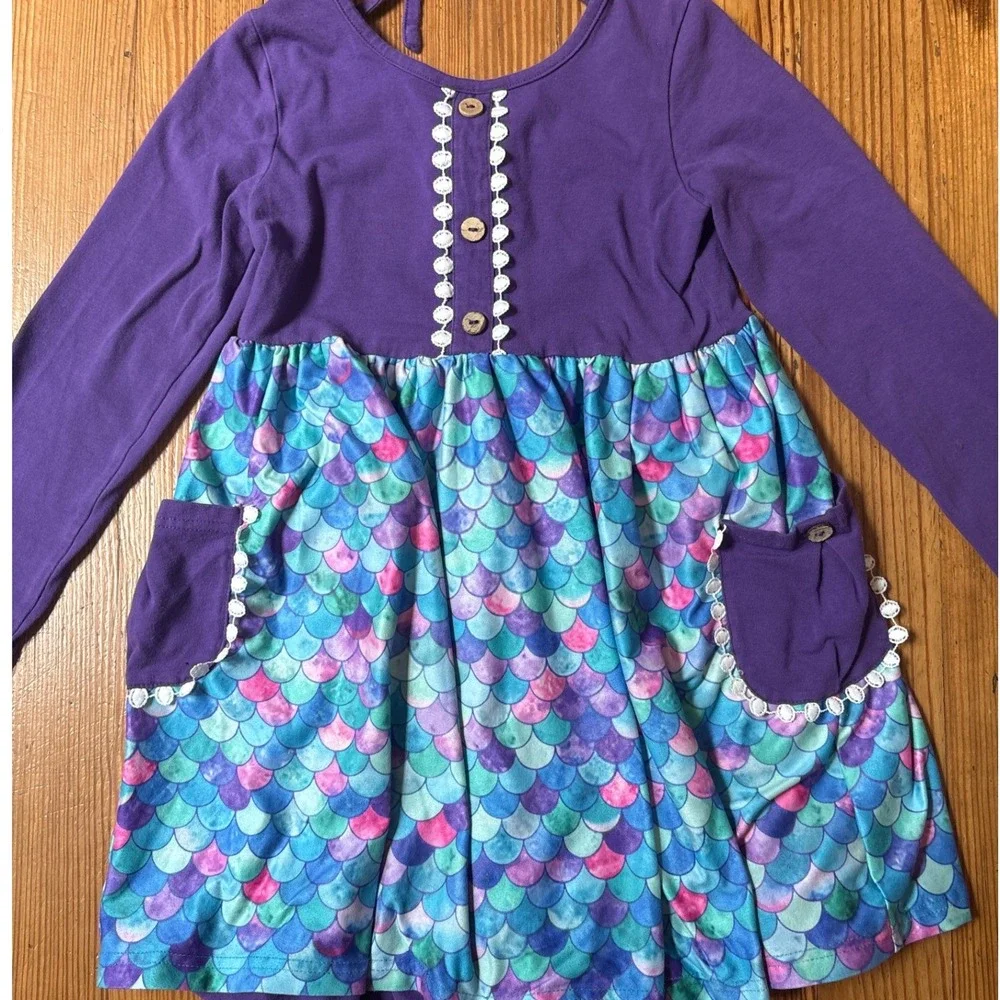 Unbranded Mermaid Scale Dress Kids Purple Blue Whimsical Pockets SIZE 7/8